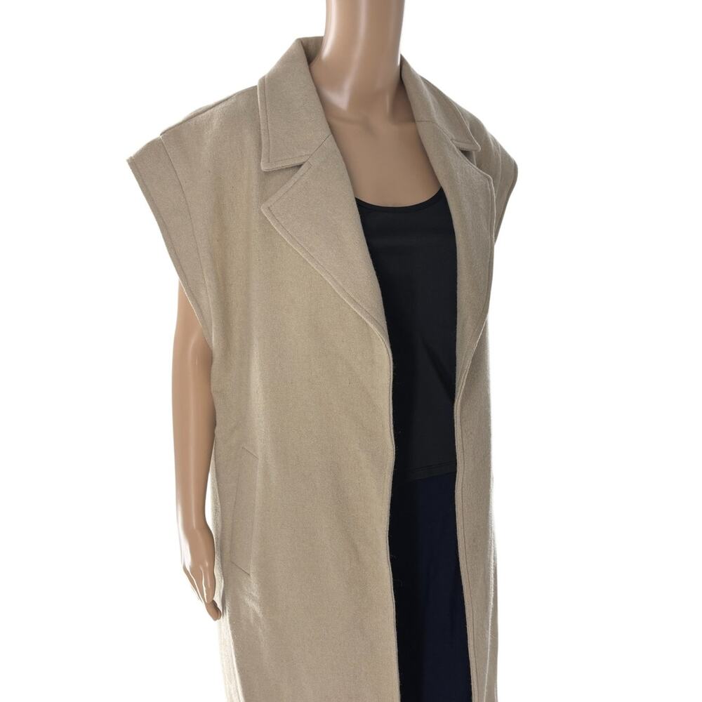 Oklan Suits Tan Open Front Wool Cap Sleeve Duster Vest - Picture 6 of 12